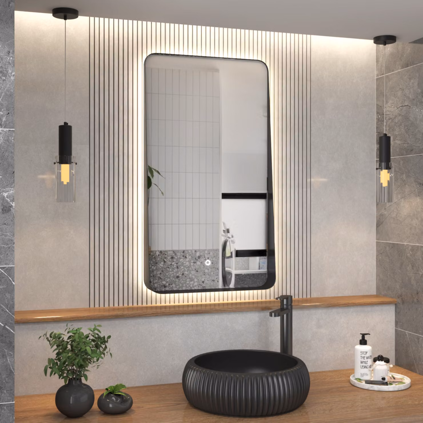 Royal Bathrooms Verona Matt Black Backlit LED Illuminated Framed Mirror with Demister Pad and Touch Sensor W: 90 cm, D: 50 cm