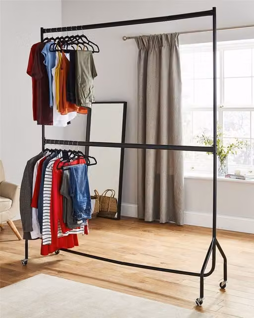 House of Home Heavy Duty Two Tier Clothes Rail Garment Hanging Rack in Matt Black – 1