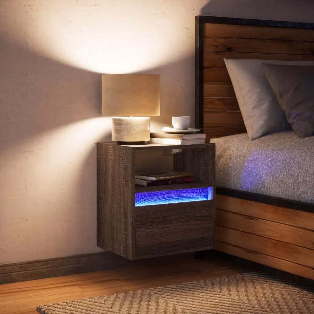 Berkfield Home Wall-mounted Bedside Cabinet with Integrated LED Lights in Brown Oak – 4