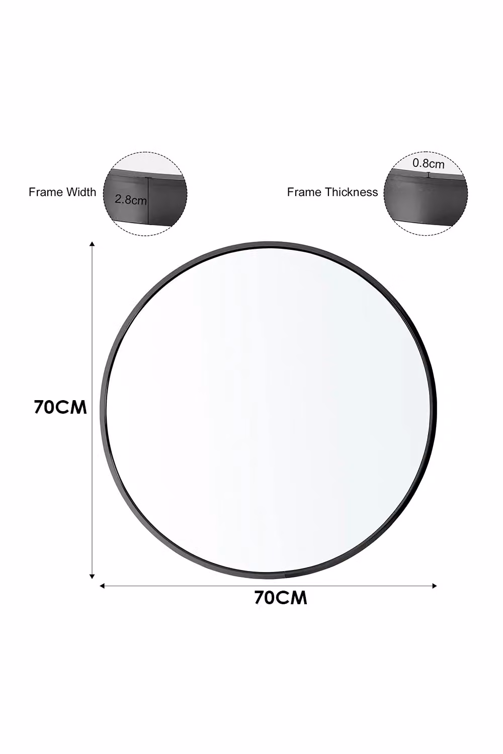 Living and Home Black Round Bathroom Mirror with Aluminium Frame, Diameter: 70 cm – 3