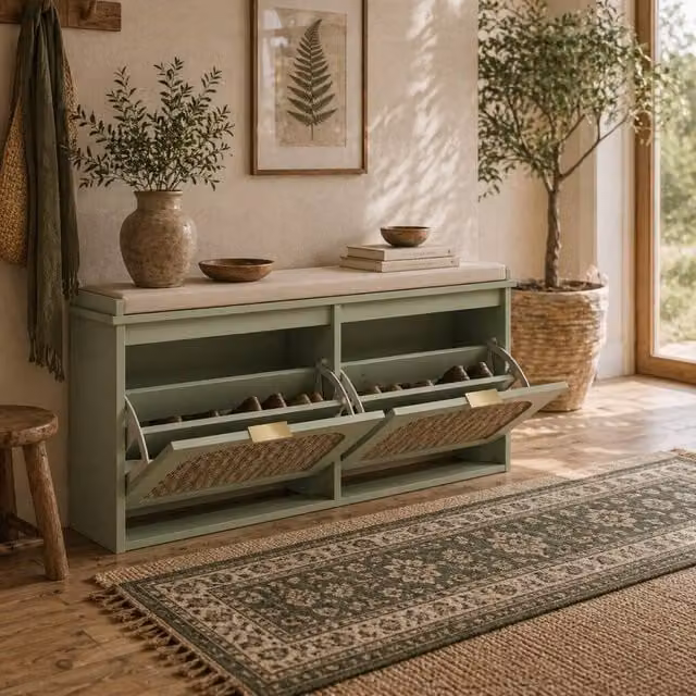 Wyld Haus Rika Boho Cushioned Shoe Bench in Light Green with 2 Flip Drawers – 1