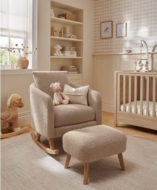 Mamas & Papas Alma Nursing Chair and Stool in Beige Bouclé with Solid Wood Frame