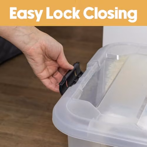 JVL Set of 3 Plastic Secure Clip Lidded Storage Boxes, Stackable and Nestable, Transparent, 30L – 2
