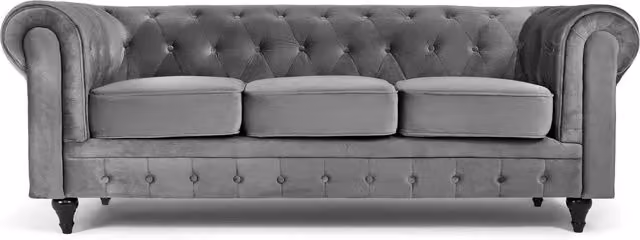 Bravich Chesterfield Scroll Arm Velvet Sofa in Grey