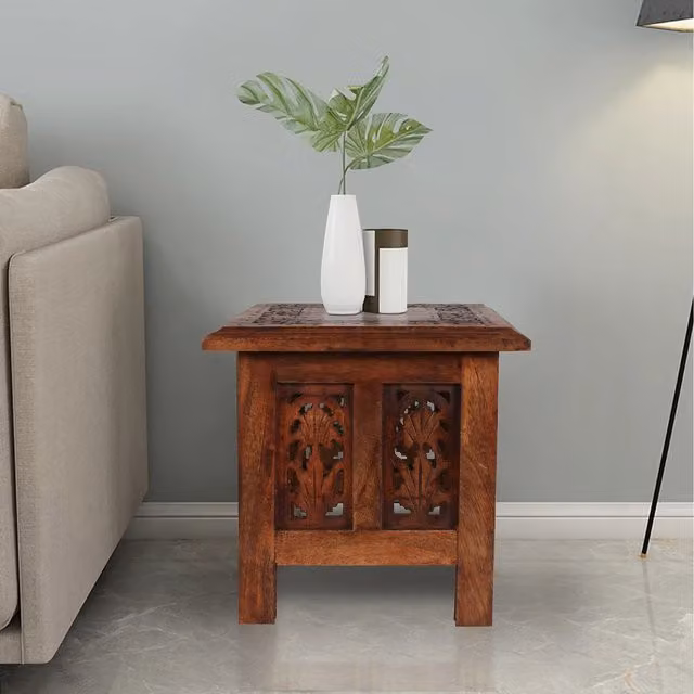 Topfurnishing Square Carved Mango Wood Coffee Table and Bedside End Table in Red and Brown, W/D/H: 30 x 30 x 30 cm
