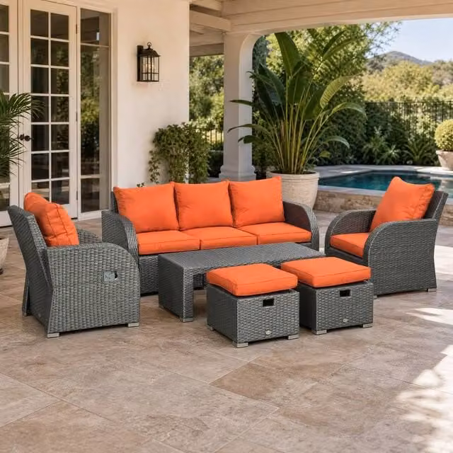 STILVORA 6-Piece Modern Rattan and Steel Sofa Set in Orange