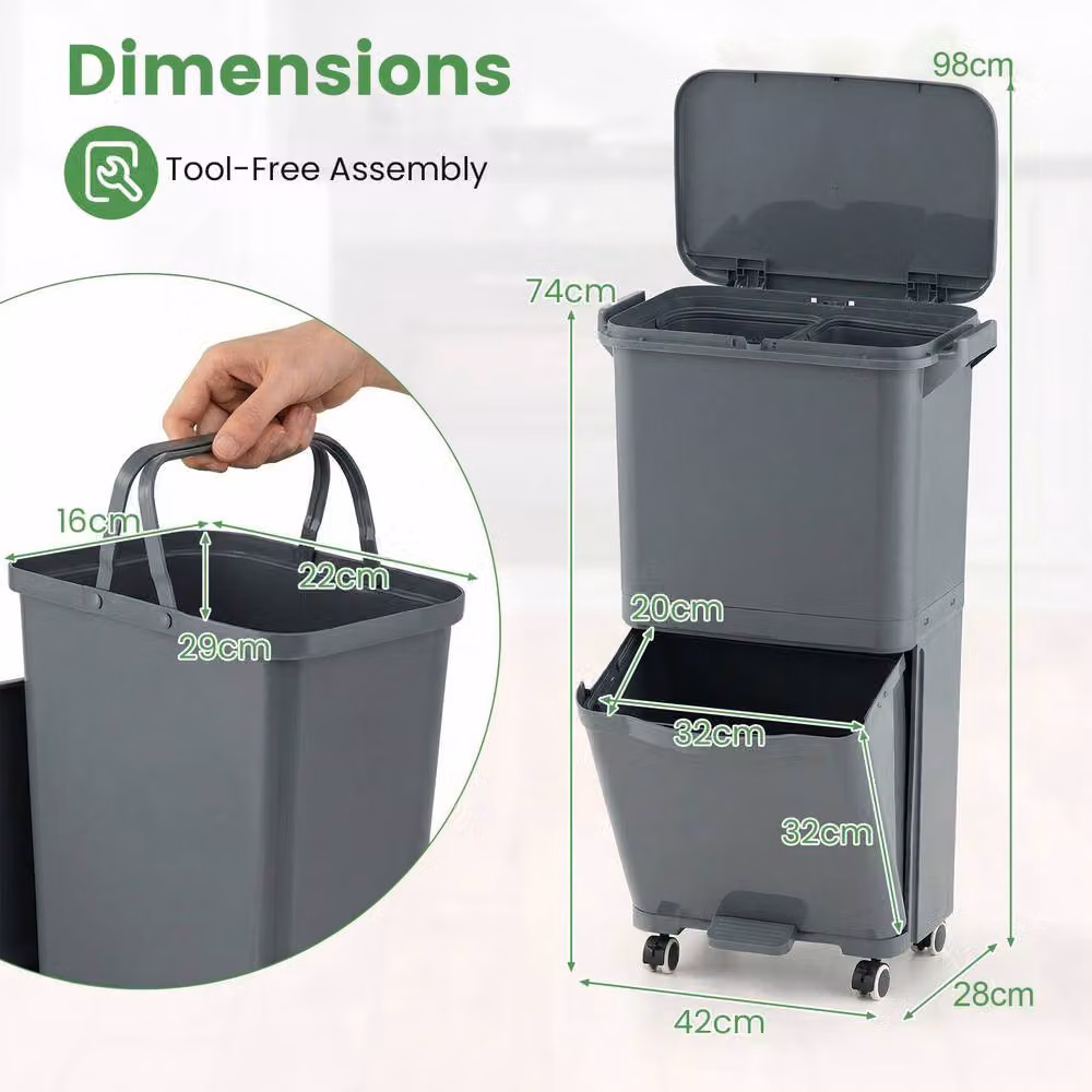 Costway Rolling Pedal Trash Can with 2 Removable Plastic Bins in Grey – 2