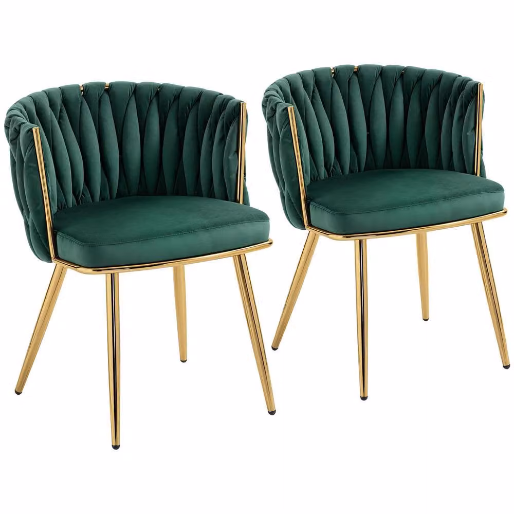 STILVORA Set of 2 Green Velvet Dining Chairs with Gold Metal Legs and Armrests – 4