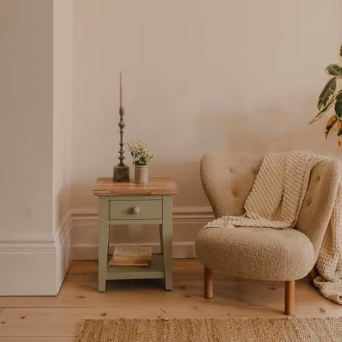 Statement Furniture Florence Wooden Sofa Table in Sage Green with Drawer and Shelf, W: 40 cm, D: 40 cm, H: 55 cm – 2