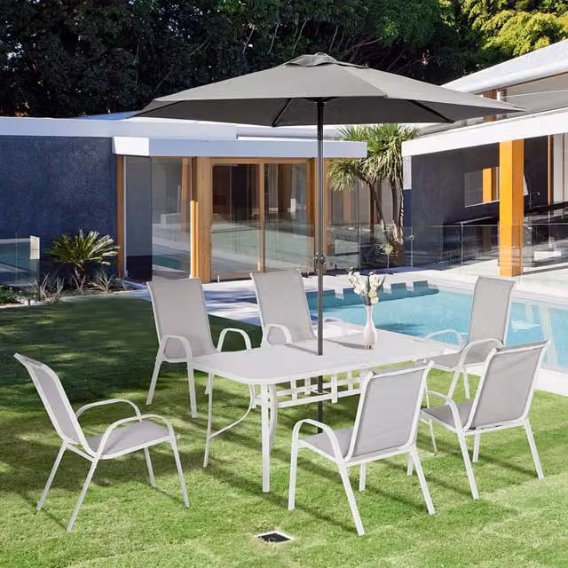 Outsunny 7 Piece Modern Outdoor Dining Set with Round Glass Table and Chairs in White and Grey