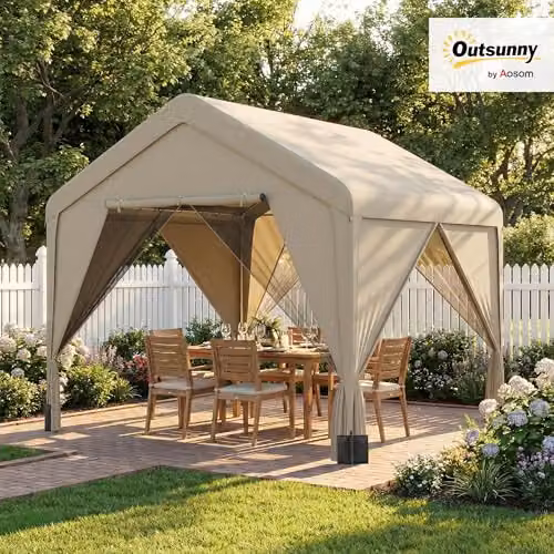 Outsunny Beige Patio Gazebo with Gable Roof and Netting Curtains W/D/H: 300 x 300 x 278 cm – 2