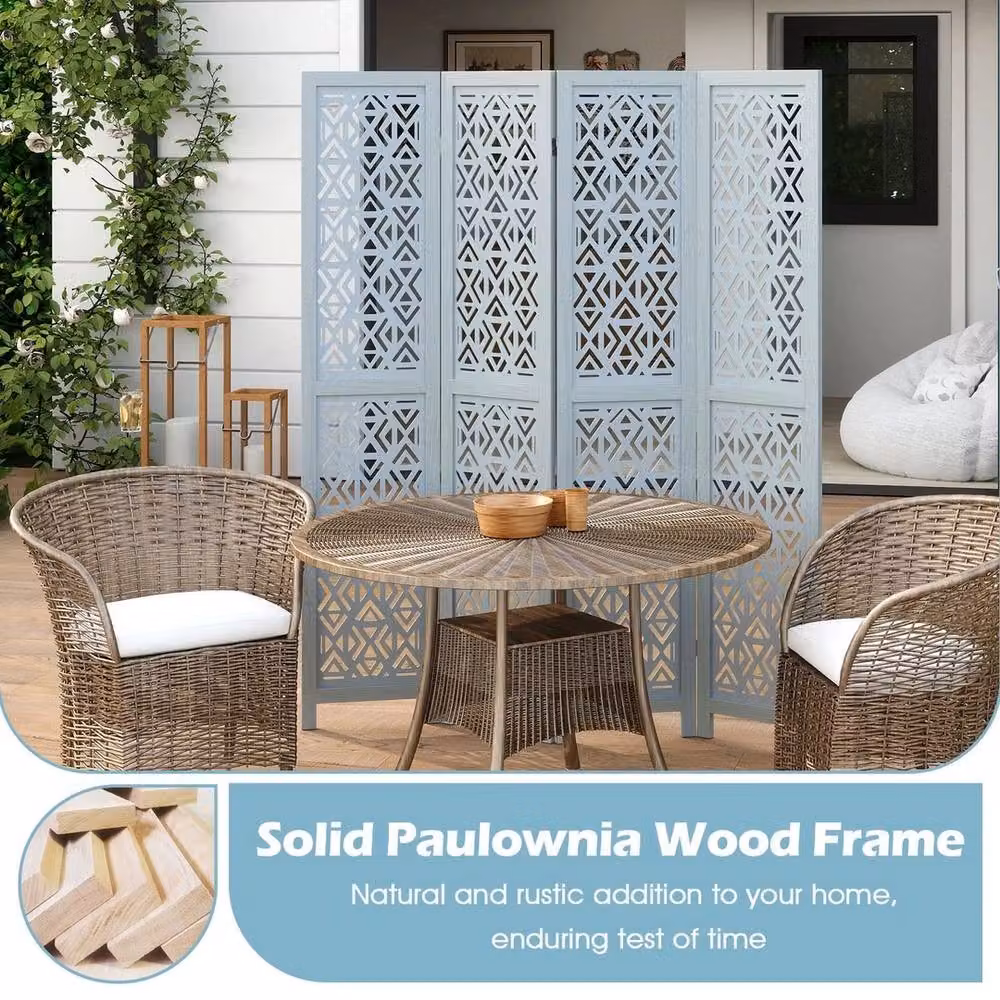 NESTLUNE 4 Panel Folding Room Divider Carved Privacy Screen in Blue, H 165 cm x W 100 cm x D 100 cm – 3