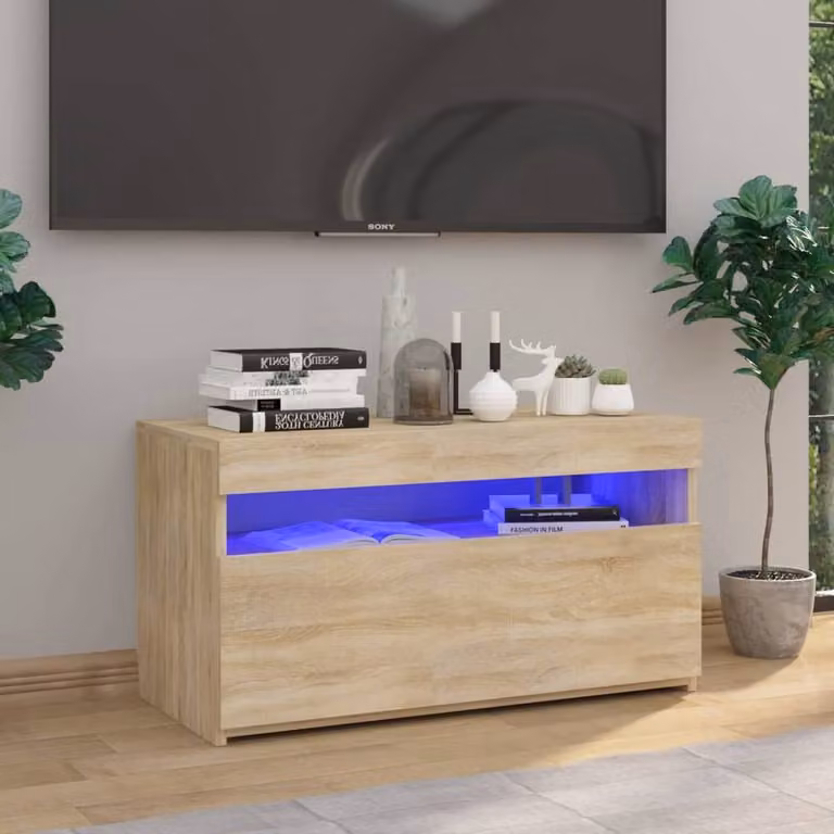 Berkfield Home Modern TV Cabinet with LED Lights in Sonoma Oak, Tan, W/D/H: 75 x 35 x 40 cm