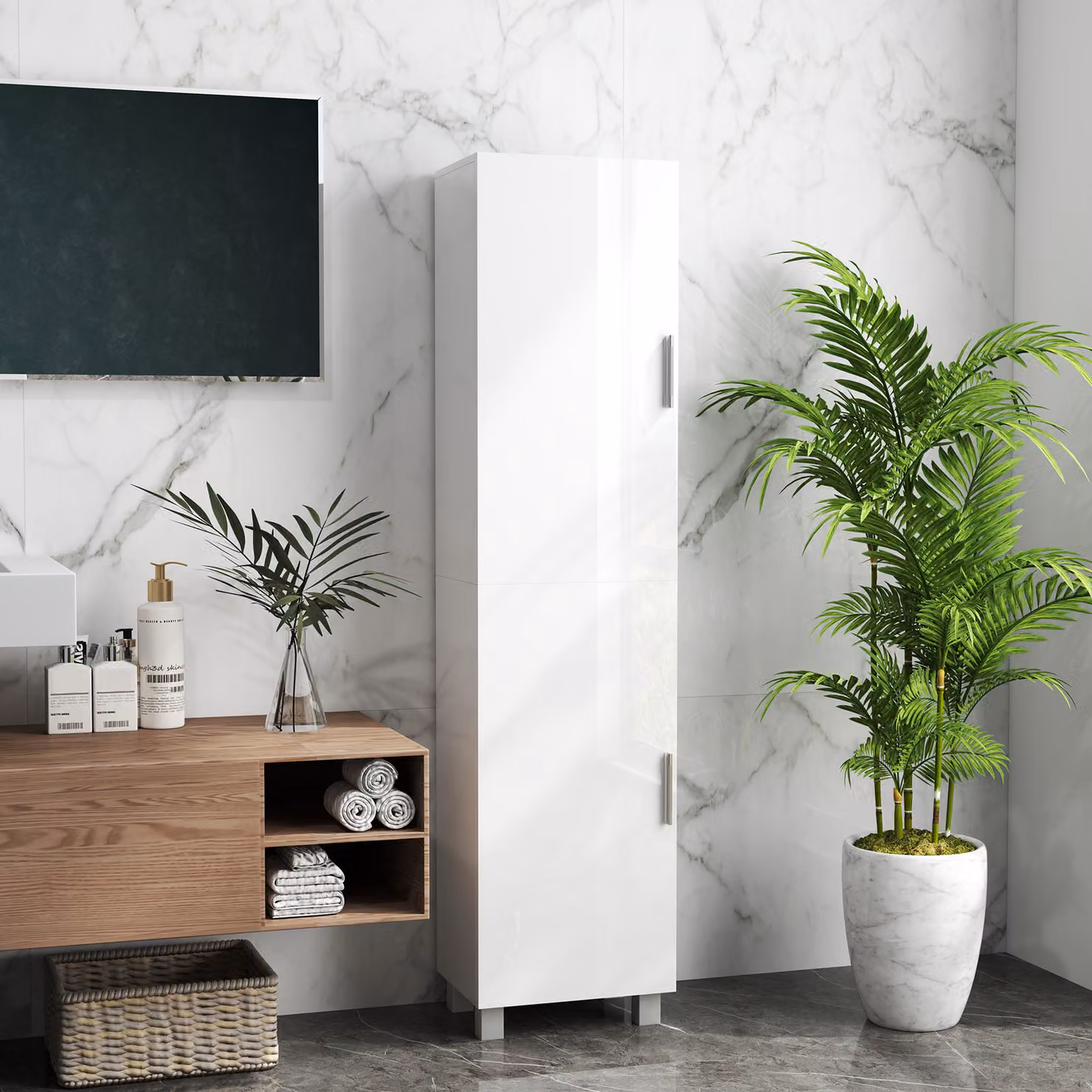 HOMCOM Tall Freestanding White Glossy Bathroom Cabinet with Hinged Double Doors and Internal Shelves, H 167.5 x W 40.0 x D 24.0 cm – 4