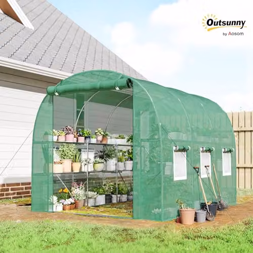 Outsunny Green Walk-in Greenhouse with Shelves and Mesh Windows, W: 198 cm, D: 275 cm, H: 191 cm – 2