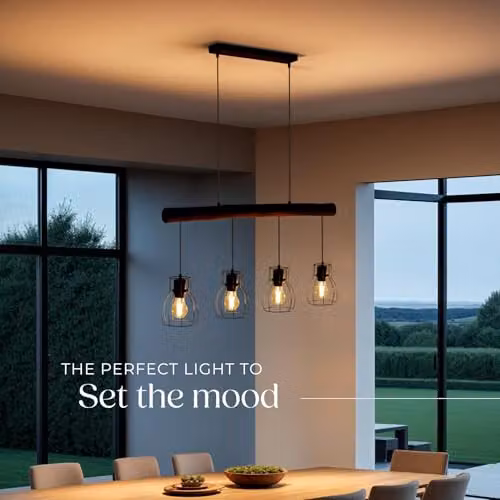 tectake Industrial Style Pendant Light with Wood Beam and 4 Black Cage Lampshades, Adjustable Height, Black and Wood – 5