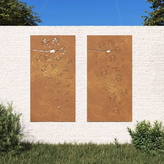 Berkfield Home Set of 2 Brown Corten Steel Floral Wall Decorations, W: 55 cm, H: 105 cm