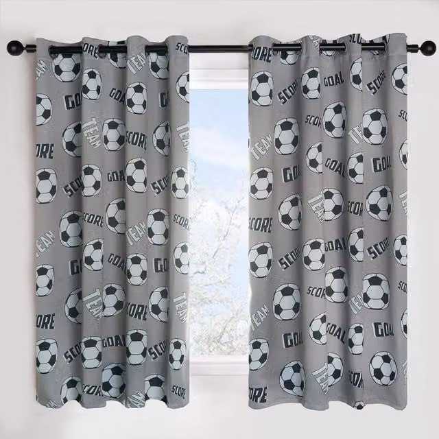OHS Football Eyelet Thermal Curtain Panels for Kids, Grey, Width: 168 cm, Height: 183 cm