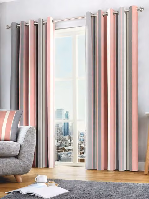 Fusion Whitworth Stripe Fully Lined 100% Cotton Eyelet Curtains in Pink, Width: 168 cm, Drop: 229 cm – 1