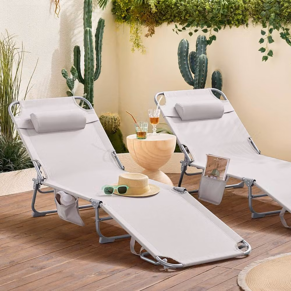SoBuy Set of 2 Foldable Sun Loungers in Beige with Adjustable Headrests and Powder Coated Steel Frames – 2