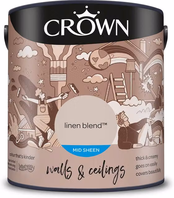 Crown Linen Blend Mid Sheen Emulsion Paint for Walls and Ceilings, Beige and Brown, 2.5l