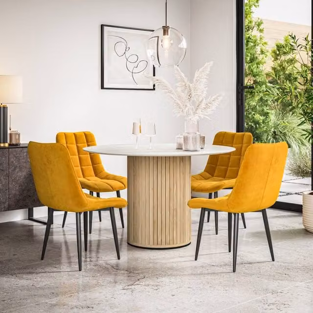 More4Homes Arlo White Marble Round Dining Table with Oak Legs and Mustard Nova Velvet Dining Chairs Set of 6, W: 120 cm, H: 75 cm