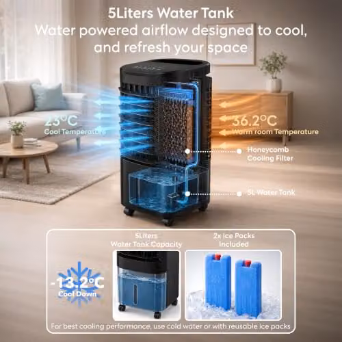 Air Pro 3-in-1 Portable Evaporative Air Cooler with 5L Capacity, Remote Control and Ice Packs, Black – 4