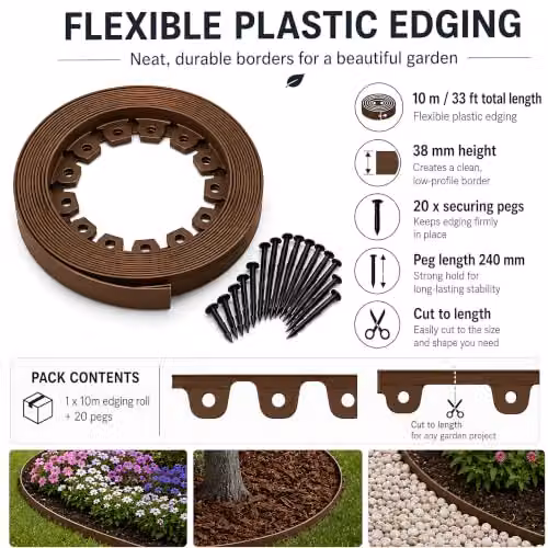 SolaDirect Brown Flexible Plastic Lawn Edging Border for Ornamental Gardens, Height: 3.8 cm, Length: 10 m – 2