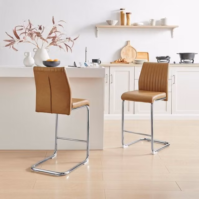 FurnitureboxUK Lorenzo Set of 2 Modern Faux Leather and Silver Metal Counter Stools in Tan