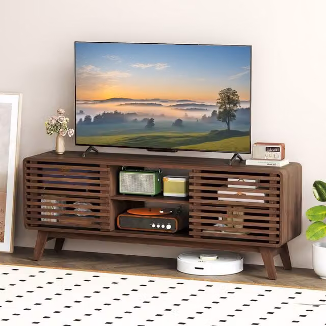 COSTWAY Modern Brown Rubberwood TV Cabinet