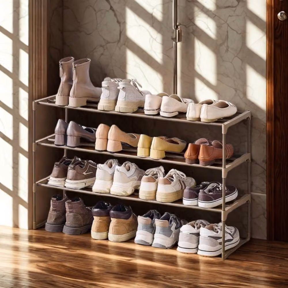 Pirlo Plush 3 Tier Metal Shoe Rack with Open Shelves in Walnut Brown – 3