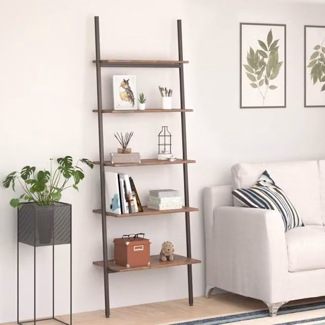 Berkfield Home 5-Tier Industrial Ladder Shelf in Dark Brown and Black, W/D/H: 64 x 34 x 185.5 cm
