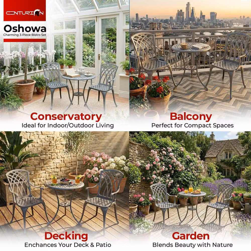 Centurion Supports OSHOWA Cast Aluminium Bistro Set with Round Table and 2 Chairs in Grey – 3