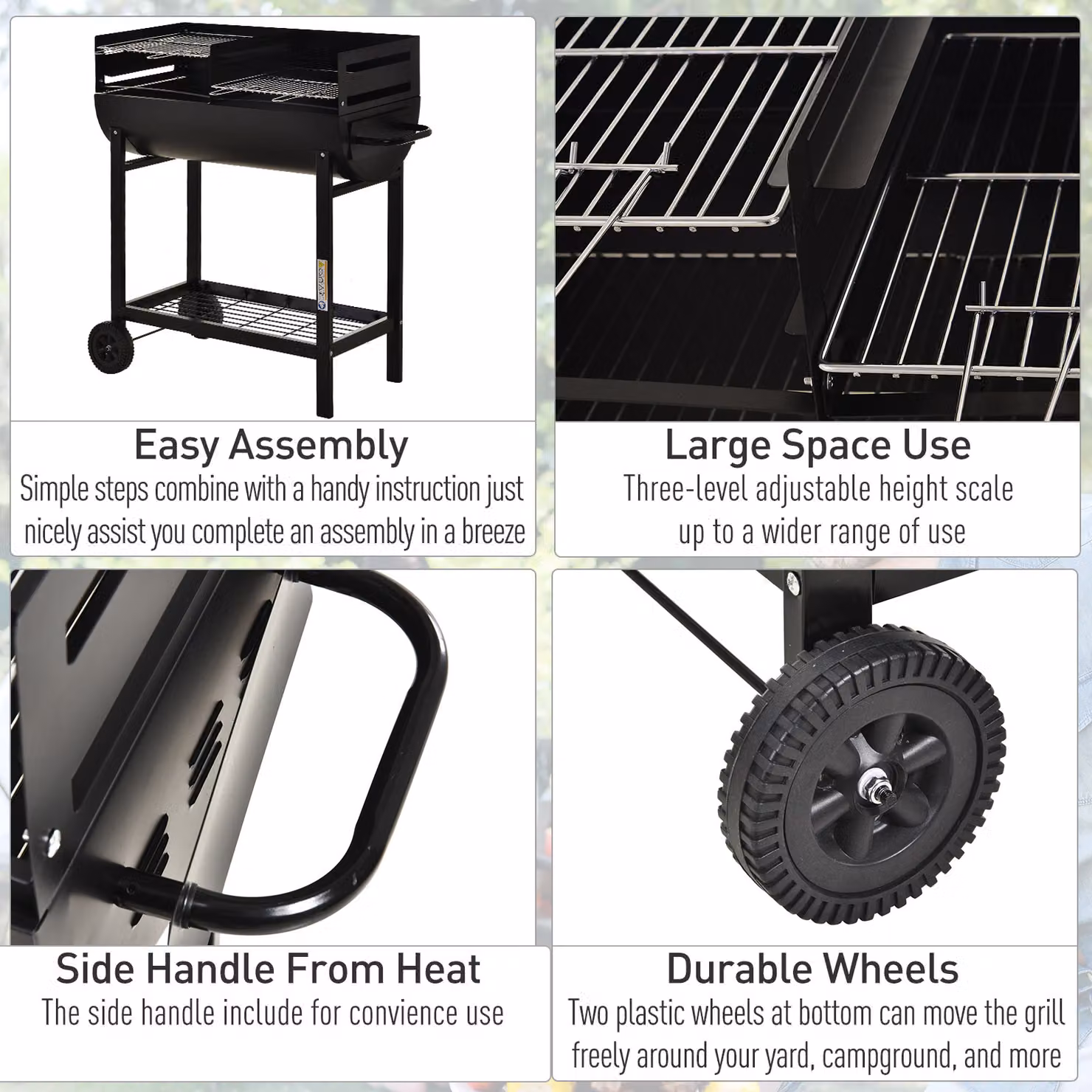 Outsunny Charcoal Barbecue Grill Trolley in Black with Dual Grill Nets and Wheels, Steel Construction, W/D/H: 96 x 90 x 45 cm – 6