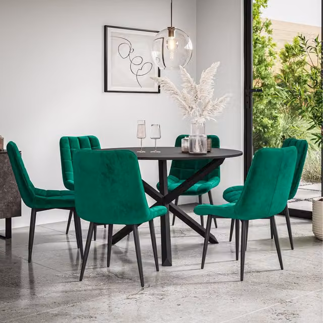 More4Homes Malvern Round Black Dining Table Set with 6 Green Nova Velvet Chairs and Black Oak Legs, Diameter: 120 cm, Height: 75 cm