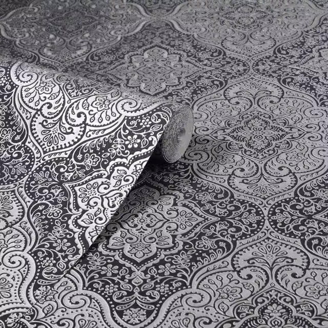Arthouse Geometric Abstract Damask Vinyl Wallpaper in Charcoal Black, Silver and Grey