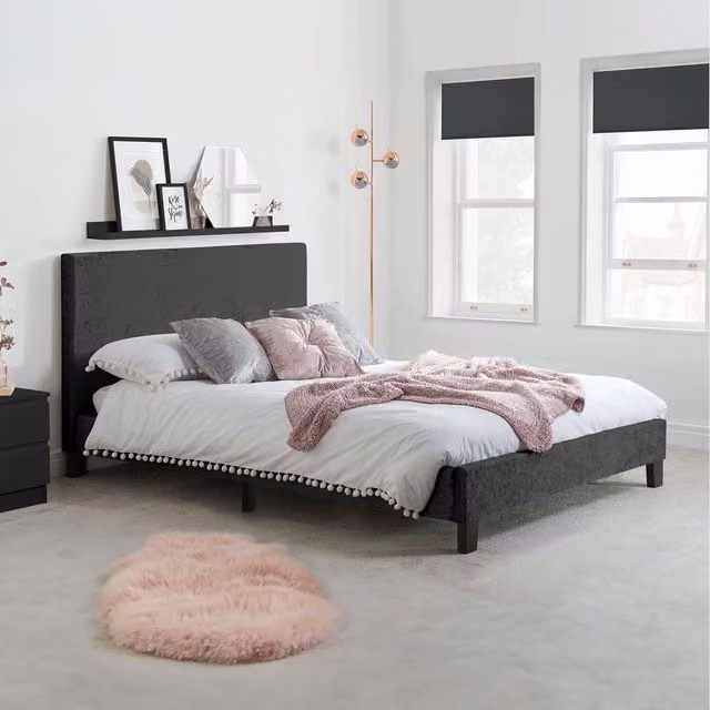 Birlea Sleepsoul Paris Double Bed Frame and Mattress Set in Black Velvet Fabric, W/D/H: 140 x 200 cm