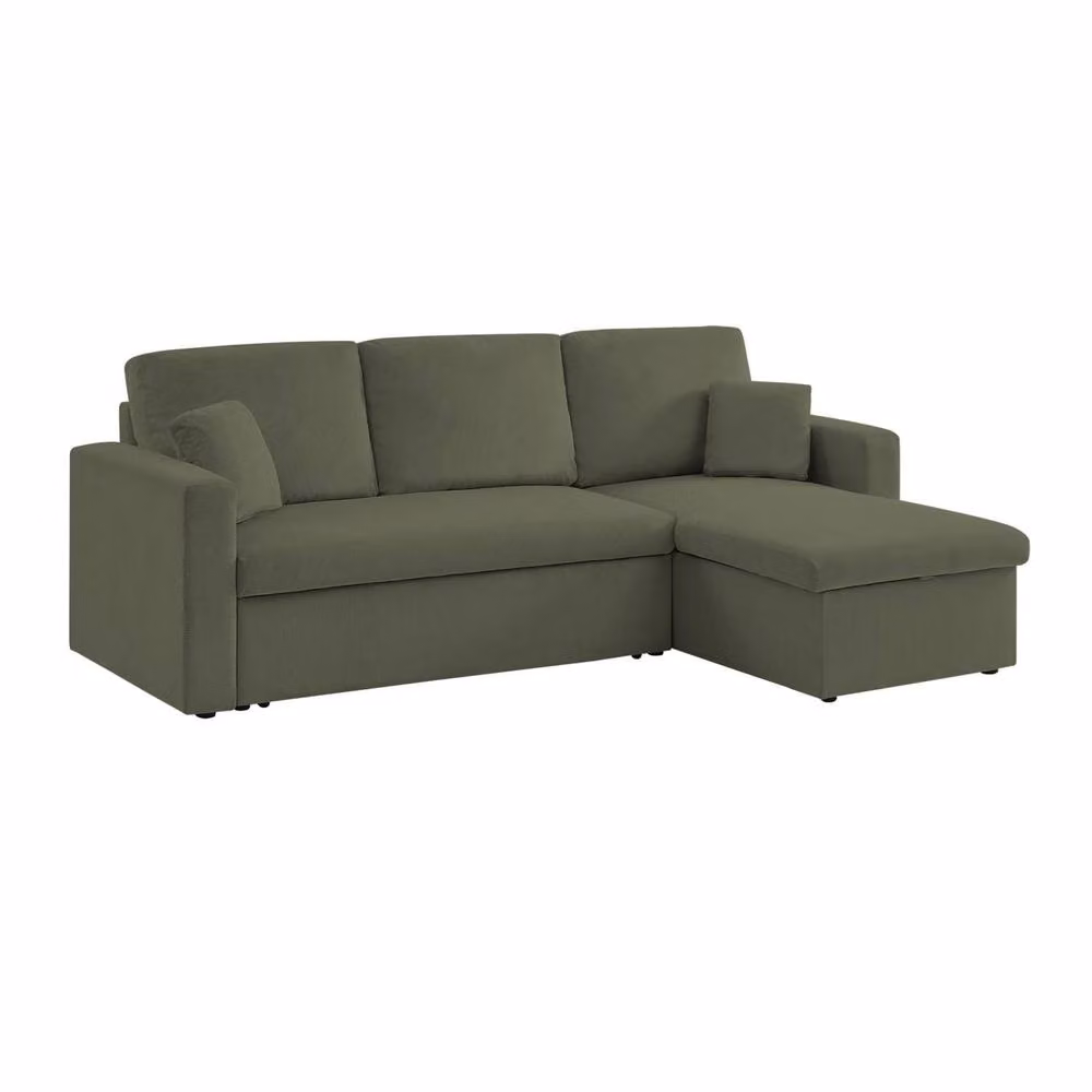 Sweekeek 3-Seater Corduroy Corner Sofa Bed in Khaki Green with Reversible L-Shape Design and Pull-Out Drawer – 2