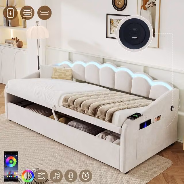 Rolipo Beige Velvet Petal Daybed with Hydraulic Storage, RGB LED Lighting and USB Charging Port, W/D/H: 90 x 190 cm – 1