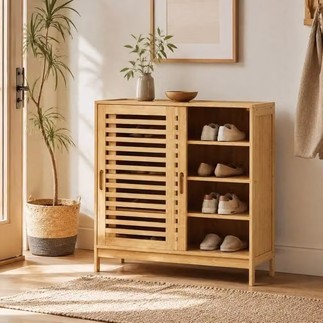 STILVORA Scandinavian Shoe Cabinet with Sliding Doors and Internal Shelves in Sand