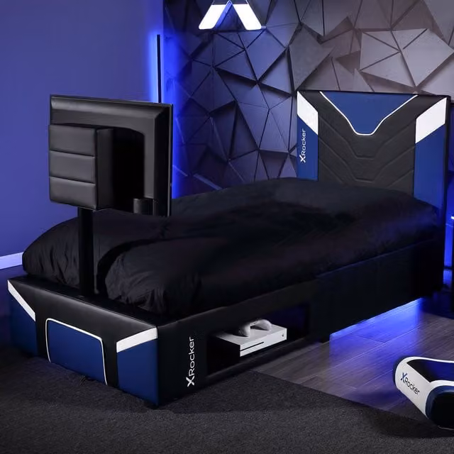 X Rocker Cerberus Twist Blue Single TV Gaming Bed with Synthetic Leather Upholstery and Under-bed Lighting, W/D/H: 90 x 200 cm