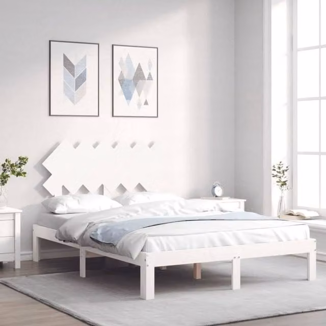 Berkfield Home Solid Wood Pine Bed Frame with Headboard in White, W/D/H: 120 x 200 cm