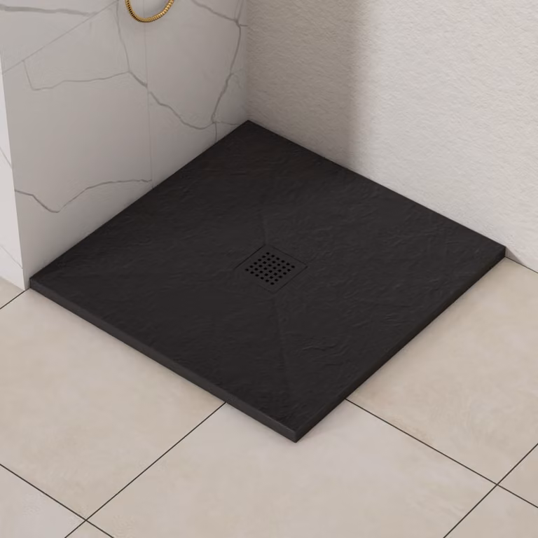 Luxor Square Black Slate Effect Mineral Cast Stone Shower Tray with Black Grate and Anti-Slip Surface