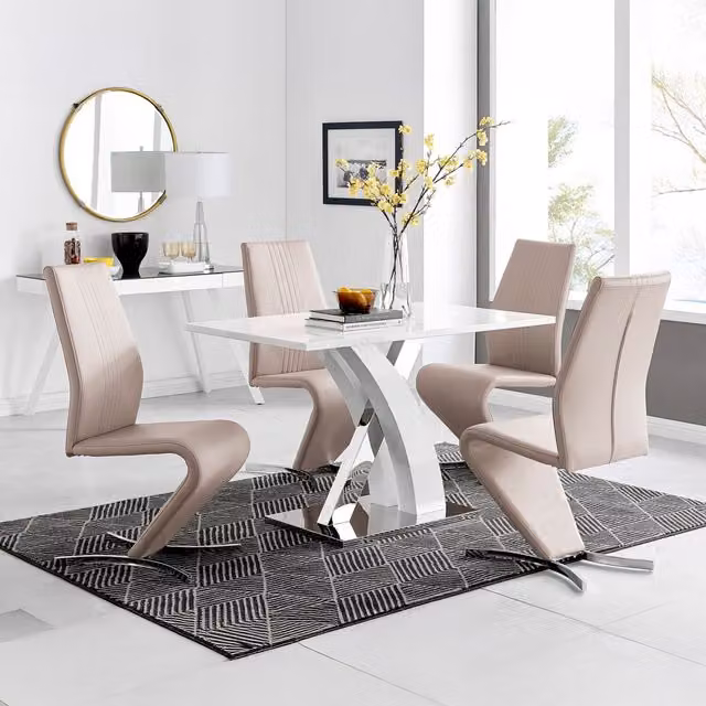 FurnitureboxUK Atlanta White High Gloss Rectangular Dining Table and 4 Willow Dining Chairs Set in Cappuccino