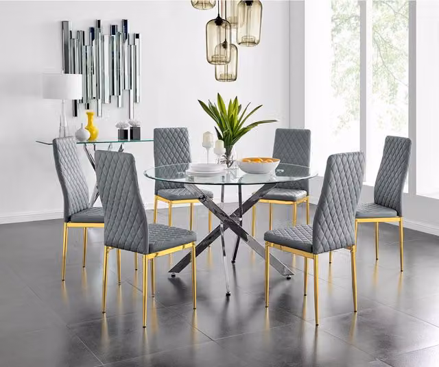 FurnitureboxUK Novara Round Glass Dining Table and Six Milan Chairs with Gold Legs in Grey, White, Black and Gold
