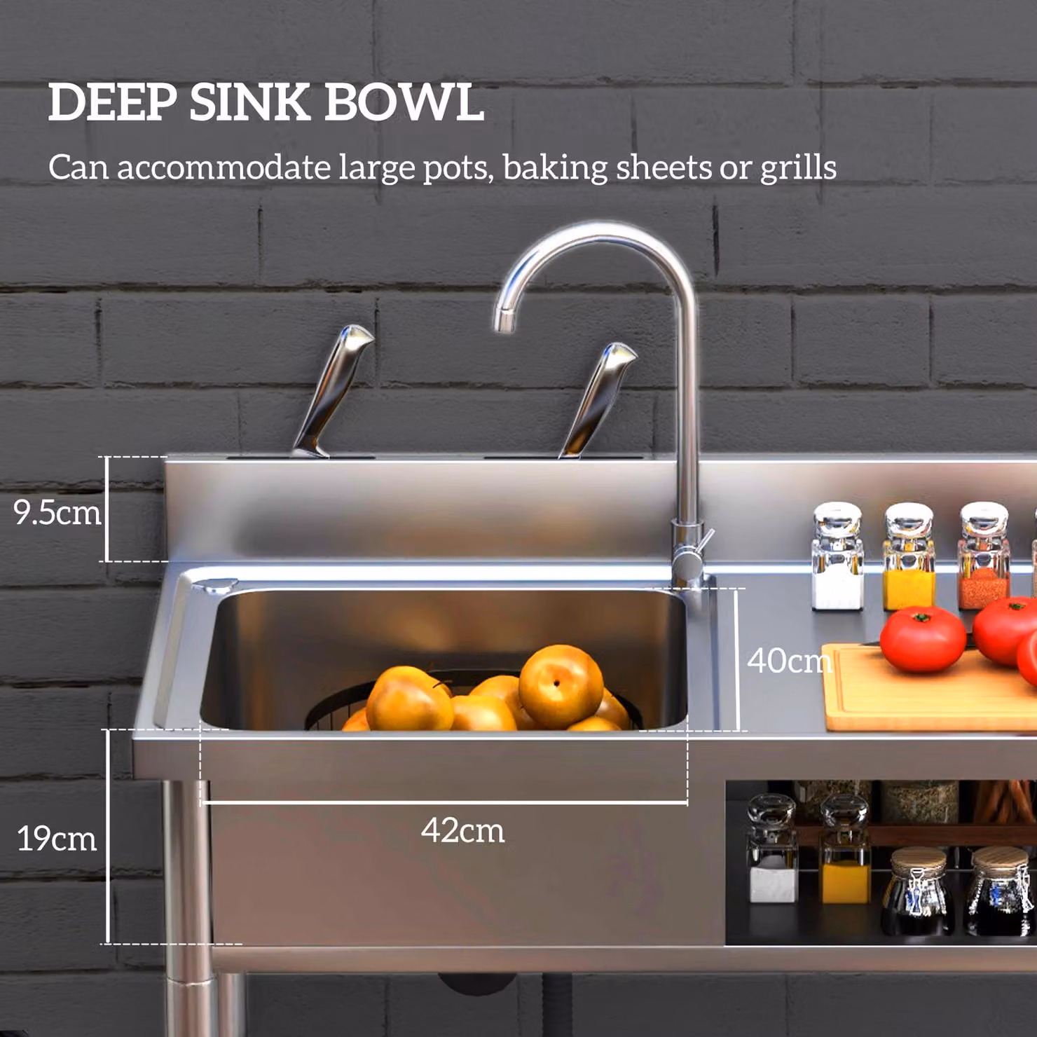 HOMCOM Outdoor Stainless Steel Kitchen Sink, Freestanding Single Bowl with Hot and Cold Water Pipes and Storage Shelves, Silver – 3