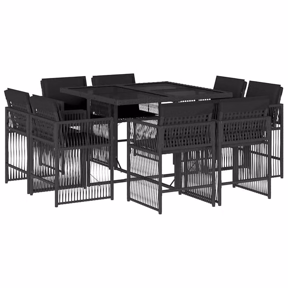 Berkfield Home 9 Piece Black Poly Rattan Garden Dining Set with Cushions and Glass Tabletop – 2