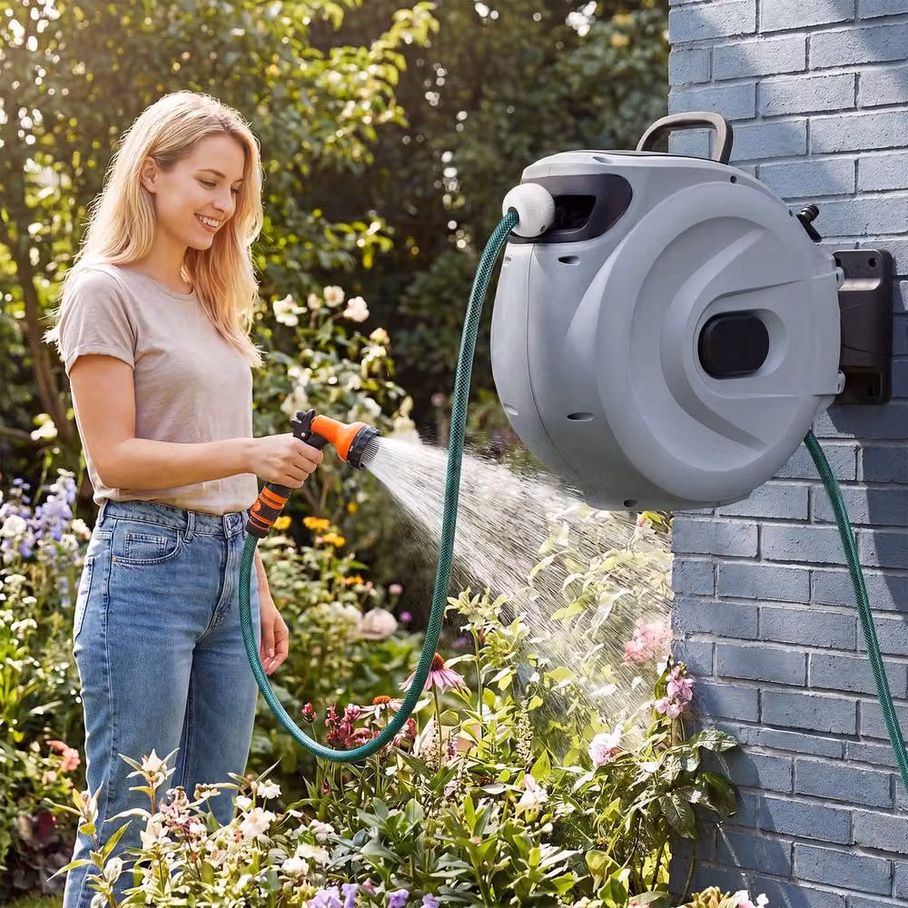 Gymax Retractable Hose Reel with Auto-Rewind and Wall Mount, 1/2 inch, 15m, Grey – 6