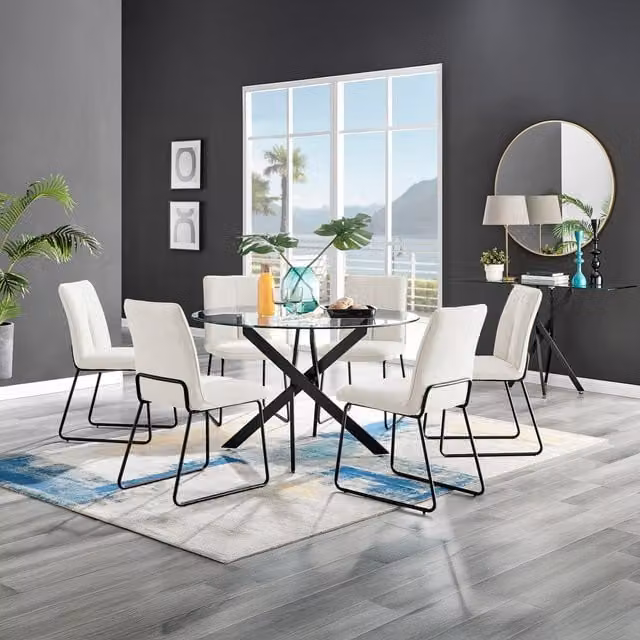 FurnitureboxUK Novara Round Glass Dining Table with 6 Halle Chairs in Black and Cream