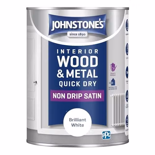 Johnstone's Wood and Metal Paint in Brilliant White, Satin Finish, 1.25L Water Based Quick Drying Formula – 1